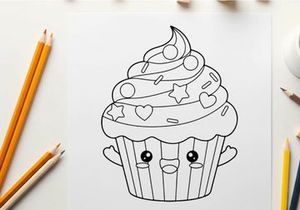 Cute cupcake mascot with stars and hearts vector illustration