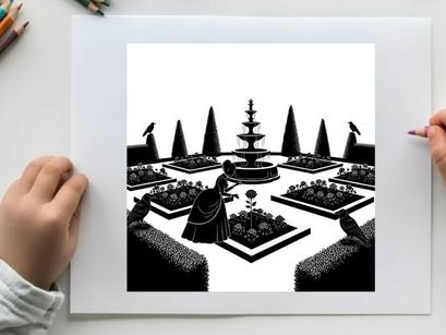 Silhouette of a woman in a garden with a fountain and trees silhouette