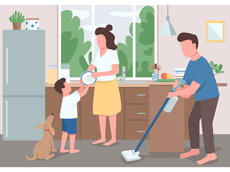 Family house cleanup flat color vector illustration