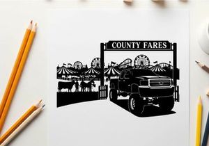 Silhouette of a truck at county fares fairground with ferris wheel and animals