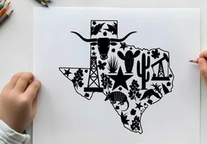Texas silhouette with cowboy hat and western symbols