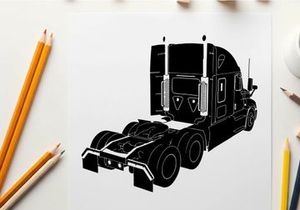 Silhouette of a semi truck with trailer hitch and wheels