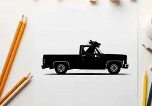 Silhouette of a classic pickup truck with surfboard on a white background