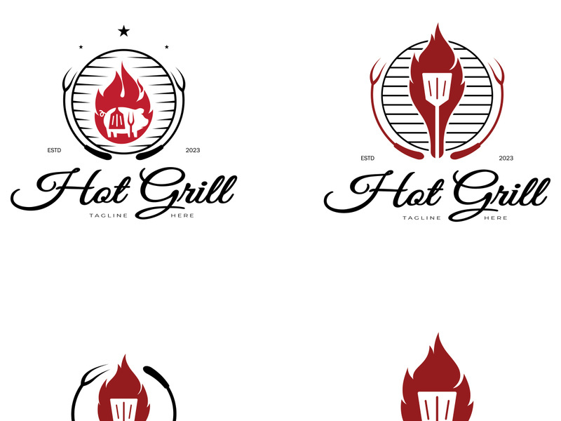 Simple Barbecue Vintage hot grill, with crossed flames and spatula. Logo for restaurant, badge, cafe and bar.vector