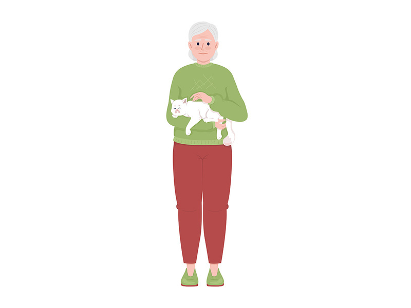 Senior woman cuddling cat semi flat color vector character