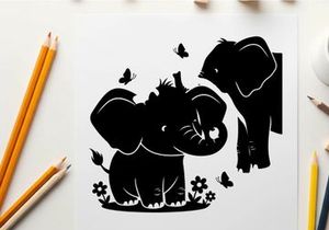 Silhouette of two elephants and butterflies in flowers
