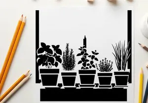 Silhouette of six potted plants on a windowsill