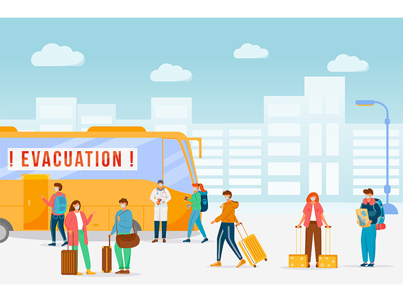 Emergency bus evacuation flat color vector illustration