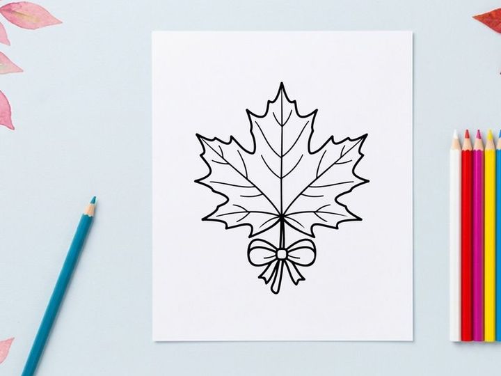 Cozy autumn scene with a maple leaf and bow. Seasonal fall decor for home or outdoor settings.