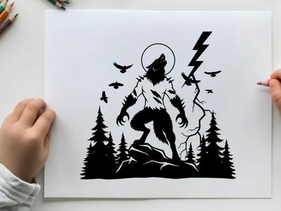 Silhouette of a werewolf in a forest with lightning and birds silhouette