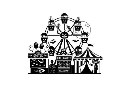 Halloween carnival silhouette with spooky ferris wheel and tents