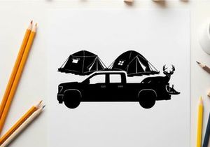 Silhouette of pickup truck with tents and deer on a white background