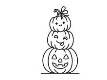 Abóboras empilhadas fofas de Halloween com rostos sorridentes. Três bonecos de fantasma bebê e abóboras de jack-o'-lanterns adoráveis para decorações festivas.
