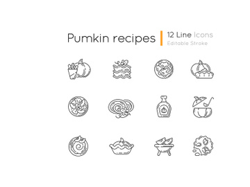 Pumpkin recipes linear icons set preview picture