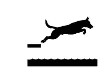 Dog silhouette jumping over an obstacle silhouette