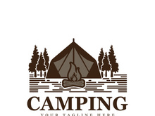 Pine trees and camping tent textured logo design vector illustration