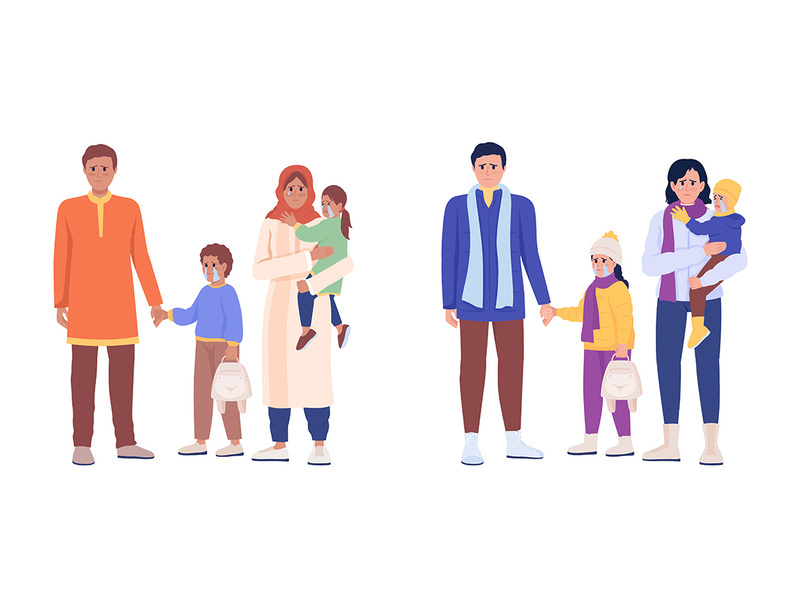 People with children waiting for evacuation color vector character set