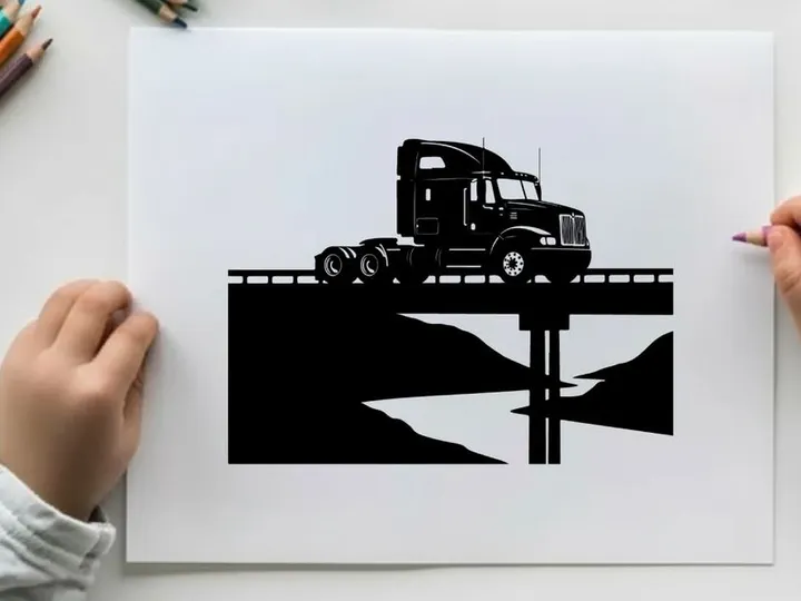 Silhouette of a semi truck on a bridge with mountains