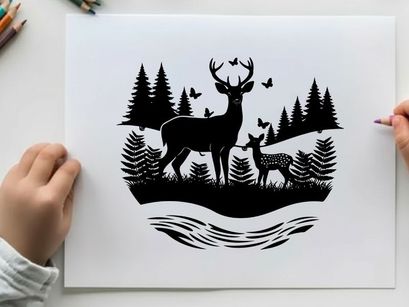 Deer and fawn silhouette in forest landscape