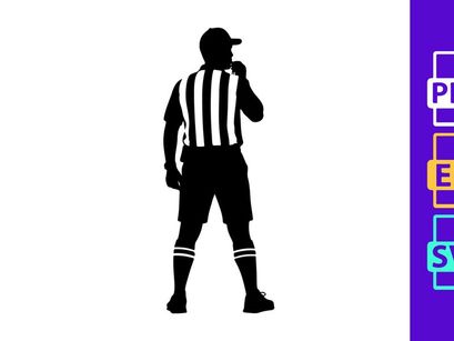 Silhouette of a football referee in black and white striped uniform