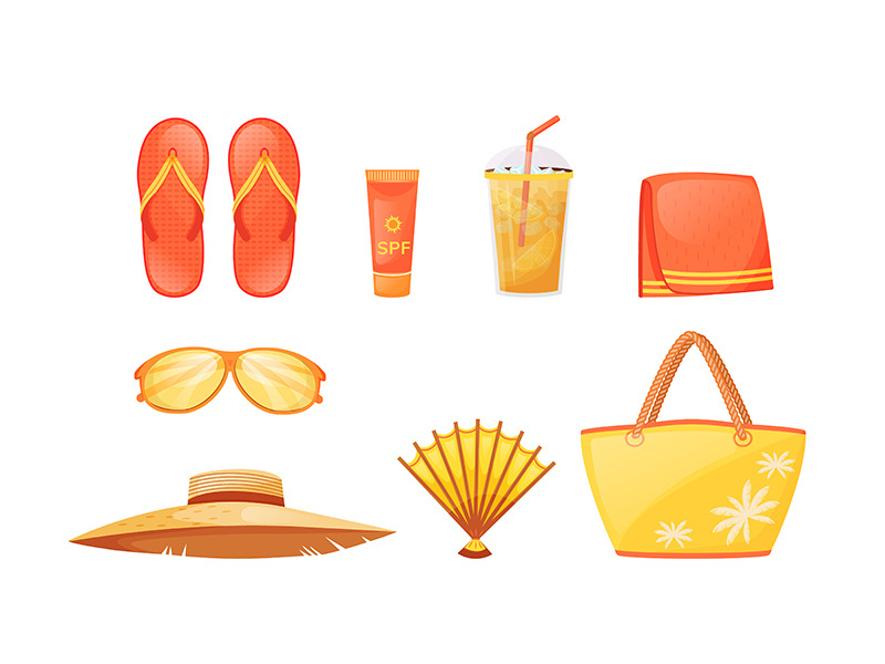 Sunbathing essentials flat color vector objects set