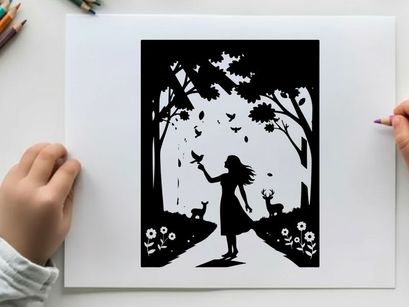 Silhouette of a girl in a forest with deer and flowers