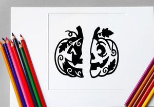 Decorative Halloween Pumpkin Face Illustration with Swirling Patterns