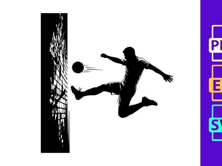 Soccer player kicking ball in mid air near goal net in black and white