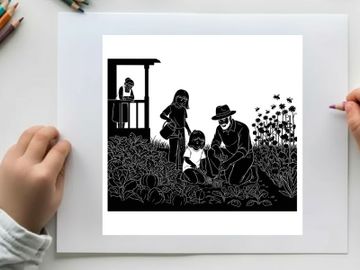 Silhouette of family planting in a field with a child watching from a porch preview picture