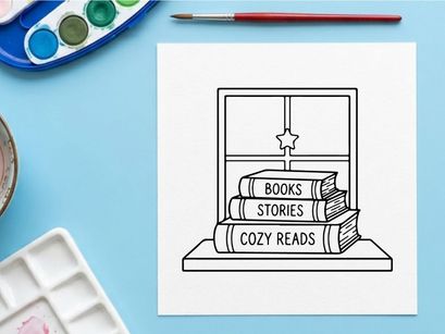 Tumpukan buku di ambang jendela dengan ikon bintang, ilustrasi membaca Natal yang nyaman.