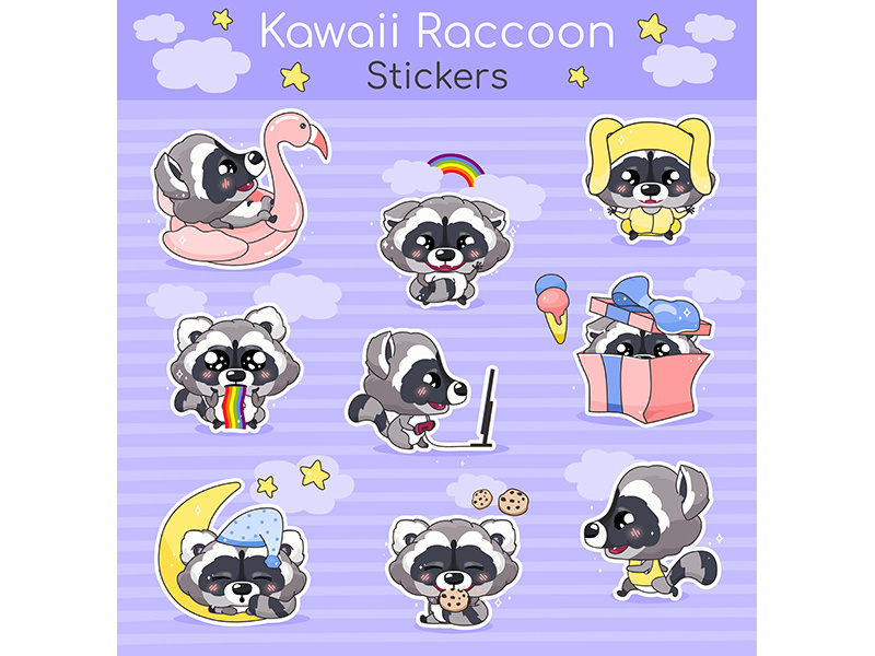 Cute raccoon kawaii cartoon vector characters set