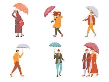 Walking people with umbrellas flat color vector faceless characters set preview picture