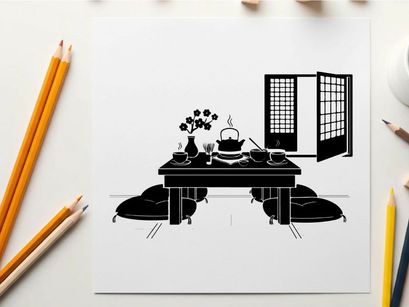 Silhouette of a traditional japanese room interior with table