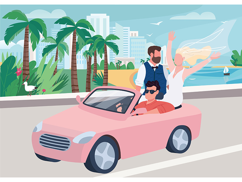 Newlywed riding car flat color vector illustration