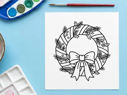 Handgezeichneter Weihnachtskranz mit silberner Schleife und Tannenzapfen für festliche Deko