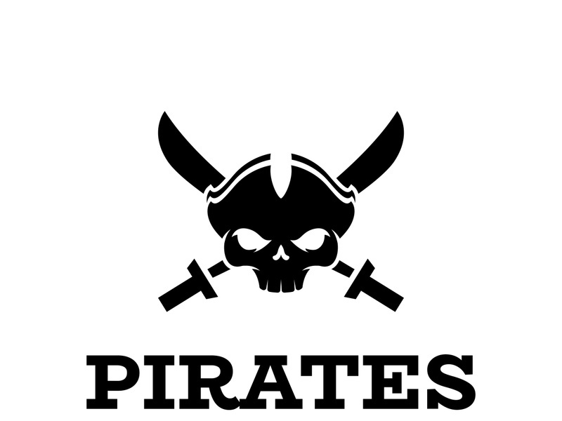 Pirate silhouette logo design with crossed swords, skull and bones.Vector illustration.