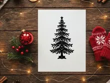 Black silhouette of a decorated Christmas tree isolated on a white background