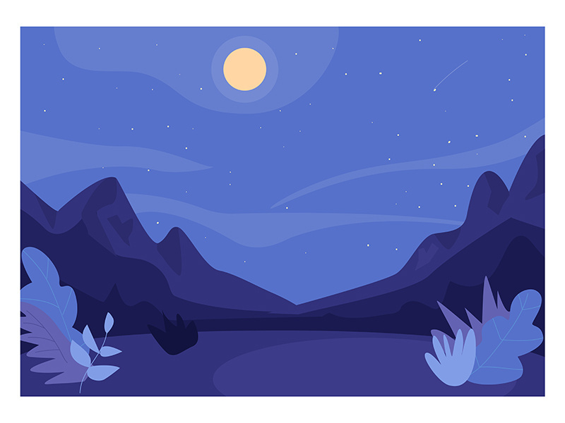 Nighttime forest clearing flat color vector illustration