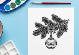 Cabang pohon natal dengan hiasan gantung, ilustrasi sketsa tangan yang digambar.
