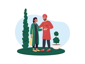 Indian couple exchange gifts 2D vector web banner, poster preview picture