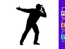 A man in a dynamic pose with arms outstretched and a cap on his head