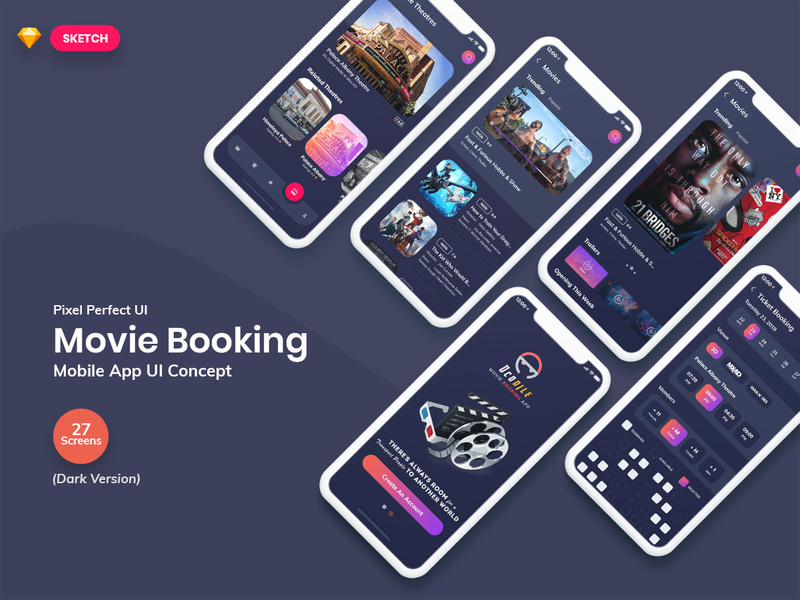 Ocodile-Movie Booking Mobile App UI Kit Dark (SKETCH)