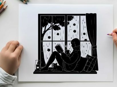 Silhouette of a woman reading by the window on a rainy day
