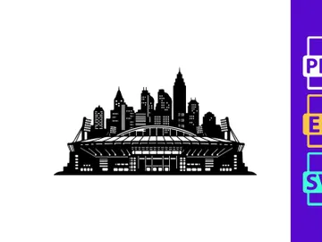 Black and white illustration of a city skyline with a large building preview picture