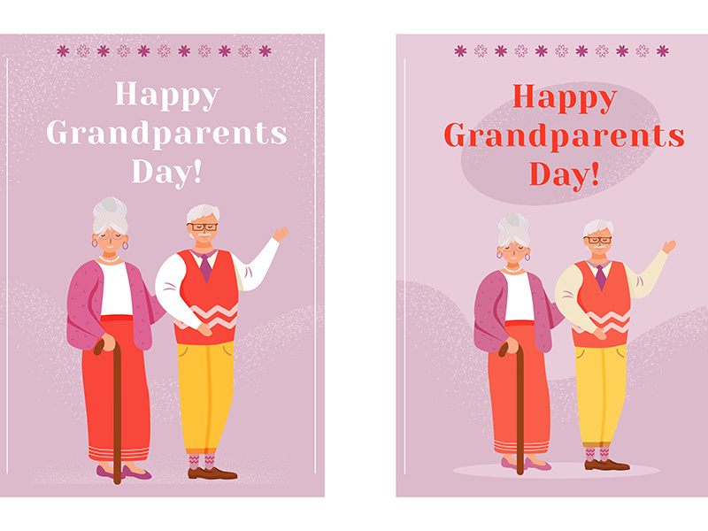 Happy grandparents day greeting card flat vector templates set