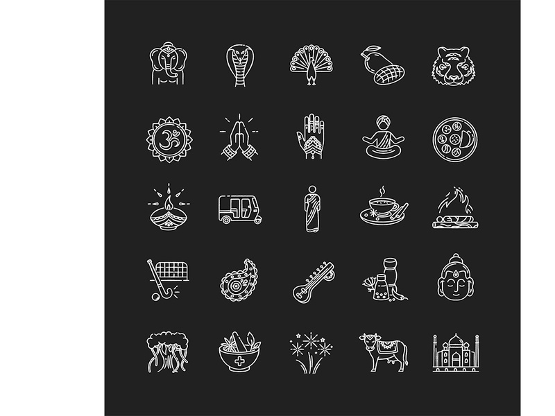 Indian culture chalk white icons set on black background