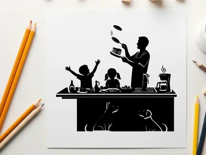 Silhouette of family cooking together in kitchen with pets