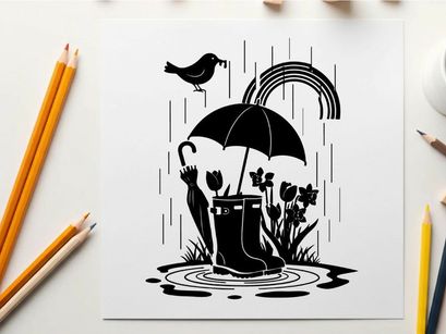 Rainy day silhouette with umbrella bird and rainbow