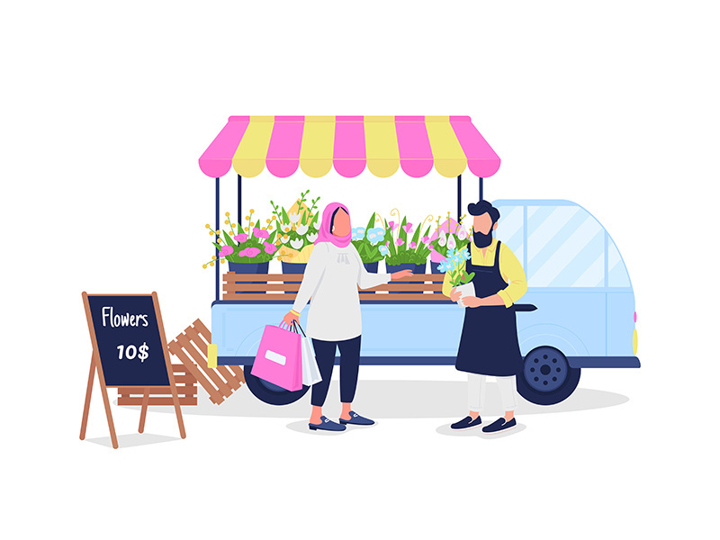 Muslim woman buying flowers from caucasian man flat color vector faceless characters