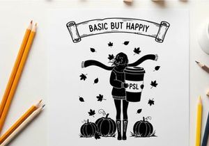 Silhouette of a happy woman with pumpkins and psl silhouette